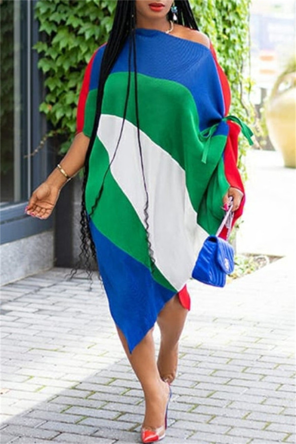 Multicolor Fashion Casual Patchwork Bandage Oblique Collar Irregular Dress