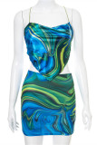 Green Fashion Sexy Print Backless Cross Straps Spaghetti Strap Sleeveless Two Pieces