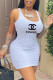 White Fashion Casual Print Letter U Neck One Step Skirt Dresses