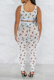White Sexy Print Patchwork See-through U Neck Sleeveless Two Pieces