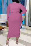 Pink Sexy Casual Solid Bandage V Neck Plus Size Two Pieces