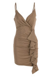 Coffee Sexy Solid Patchwork Flounce Spaghetti Strap Sling Dress Dresses