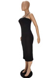 Black Fashion Sexy Solid Split Joint Backless Spaghetti Strap Pencil Skirt Dresses