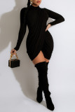 Pink Sweet Solid Patchwork Fold Half A Turtleneck Irregular Dress Dresses