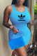 Light Blue Fashion Sexy Print Letter U Neck One Step Skirt Dresses