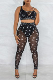 White Sexy Print Patchwork See-through U Neck Sleeveless Two Pieces