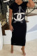 Black Fashion Casual Print Ripped O Neck One Step Skirt Dresses