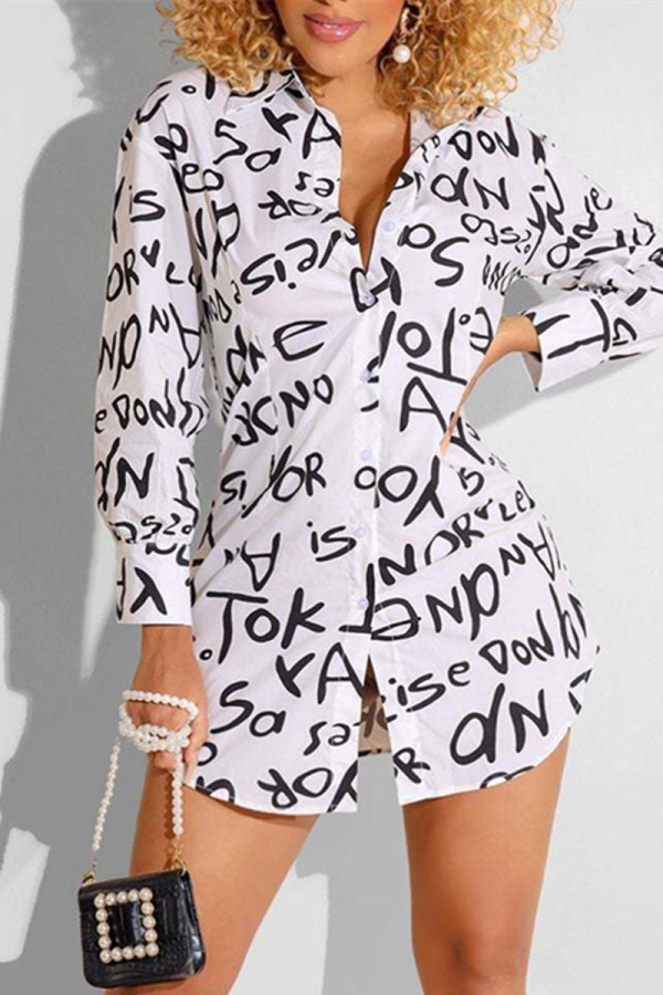 White Fashion Casual Letter Print Basic Turndown Collar Shirt Dress Dresses