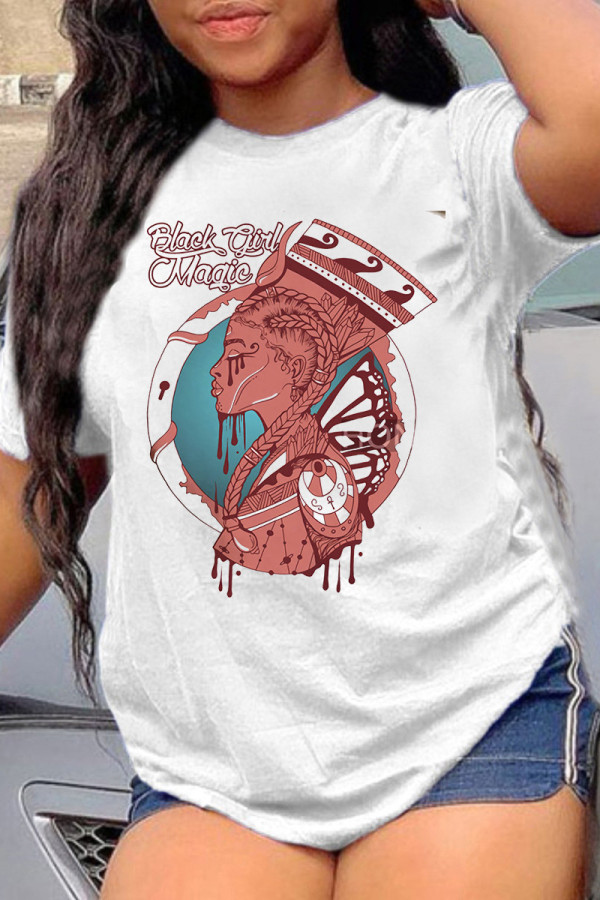 White Pink Fashion Casual Print Basic O Neck T-Shirts