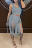 Grey Fashion Sexy Solid Tassel Patchwork O Neck Sleeveless Two Pieces