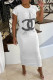 White Fashion Casual Print Ripped O Neck One Step Skirt Dresses