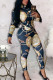 Deep Blue Casual Print O Neck Long Sleeve Two Pieces