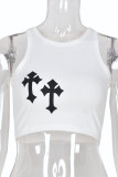 White Casual Solid Split Joint Appliques O Neck Tops
