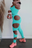 Ink Green Sexy Casual Solid Hollowed Out U Neck Sleeveless Two Pieces