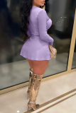 Purple Sexy Solid Mesh Square Collar Long Sleeve Two Pieces