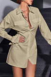 Beige Fashion Casual Solid Patchwork Turndown Collar Shirt Dress Dresses