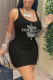 Black Sexy Casual Letter Print Basic U Neck Vest Dress