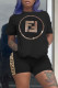 Black Fashion Sportswear Letter Patchwork O Neck Short Sleeve Two Pieces