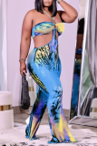 Red Sexy Patchwork Tie-dye Halter Straight Jumpsuits