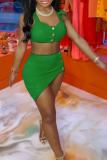 Green Sexy Solid Patchwork Turndown Collar Sleeveless Two Pieces