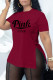Burgundy Fashion Casual Letter Print Slit O Neck T-Shirts