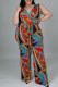 Multicolor Fashion Casual Print Basic V Neck Plus Size Jumpsuits