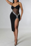 White Fashion Sexy Patchwork Hot Drilling Backless Slit Spaghetti Strap Sleeveless Dress