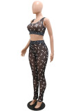 White Sexy Print Patchwork See-through U Neck Sleeveless Two Pieces