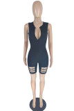 Pink Sexy Casual Solid Ripped Zipper Collar Skinny Romper