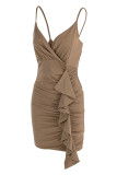 Coffee Sexy Solid Patchwork Flounce Spaghetti Strap Sling Dress Dresses
