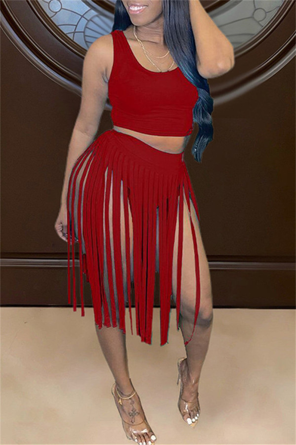 Red Fashion Sexy Solid Tassel Patchwork O Neck Sleeveless Two Pieces