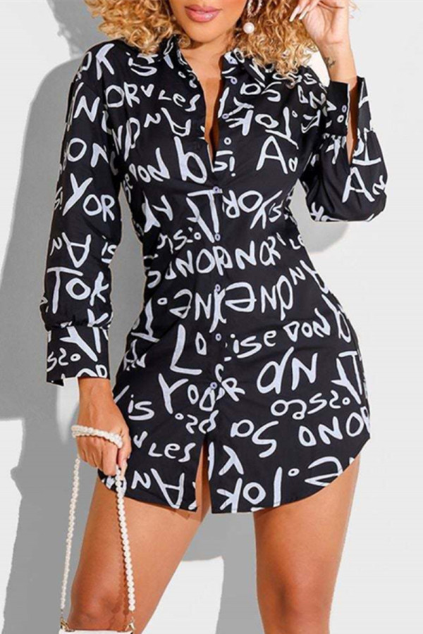 Black Fashion Casual Letter Print Basic Turndown Collar Shirt Dress Dresses
