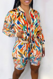 Yellow Fashion Casual Print Basic Zipper Collar Long Sleeve Two Pieces