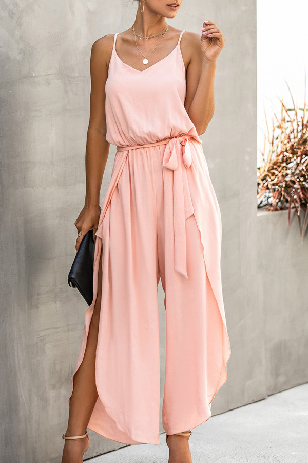 Pink Fashion Street Solid Frenulum Spaghetti Strap Loose Jumpsuits