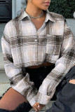 Multicolor Casual Street Plaid Print Patchwork Buckle Turndown Collar Tops