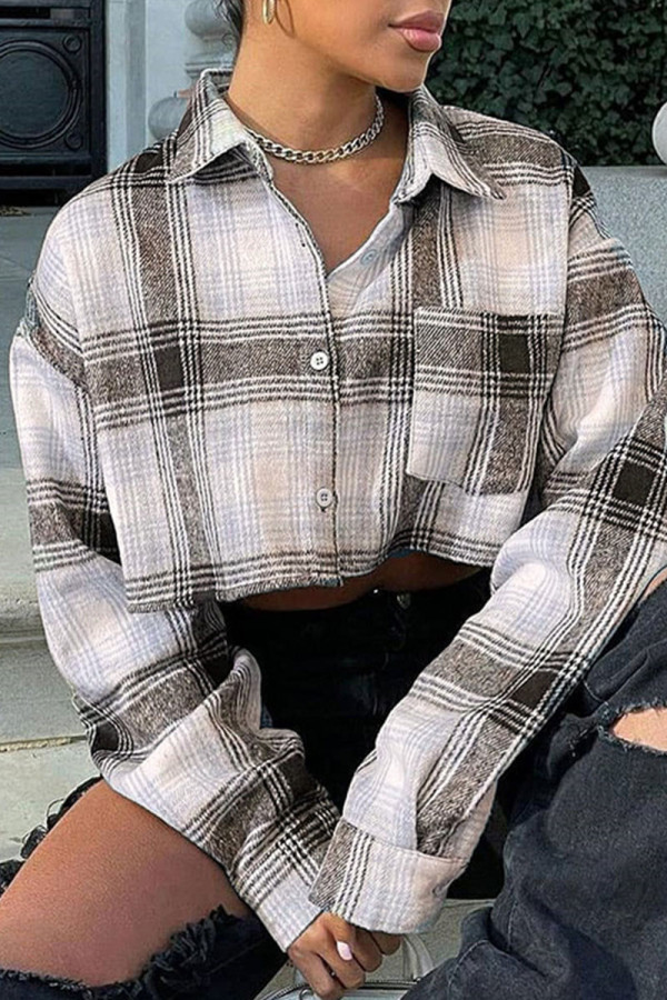 Multicolor Casual Street Plaid Print Patchwork Buckle Turndown Collar Tops