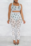 White Sexy Print Patchwork See-through U Neck Sleeveless Two Pieces