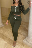 Army Green Casual Solid Patchwork Frenulum Off the Shoulder Long Sleeve Two Pieces