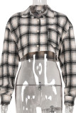 Multicolor Casual Street Plaid Print Patchwork Buckle Turndown Collar Tops