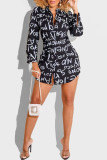 Black Fashion Casual Letter Print Basic Turndown Collar Shirt Dress Dresses