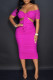 Rose Red Fashion Solid Hollowed Out Slit Fold V Neck Pleated Dresses