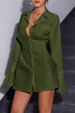 Beige Fashion Casual Solid Patchwork Turndown Collar Shirt Dress Dresses