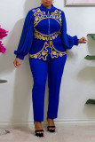 Blue Casual Solid Patchwork Zipper Zipper Collar Long Sleeve Two Pieces