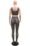 White Sexy Print Patchwork See-through U Neck Sleeveless Two Pieces