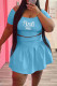 Light Blue Fashion Casual Letter Print Basic O Neck Short Sleeve Two Pieces