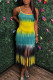 Yellow Blue Sexy Casual Print Tie Dye Tassel Spaghetti Strap Long Dress