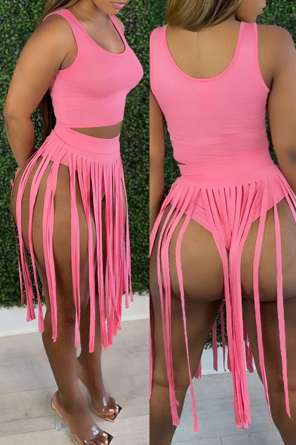 Pink Fashion Sexy Solid Tassel Patchwork O Neck Sleeveless Two Pieces