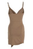 Coffee Sexy Solid Patchwork Flounce Spaghetti Strap Sling Dress Dresses