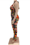 Red Fashion Sexy Print Hollowed Out Backless Halter Plus Size Jumpsuits
