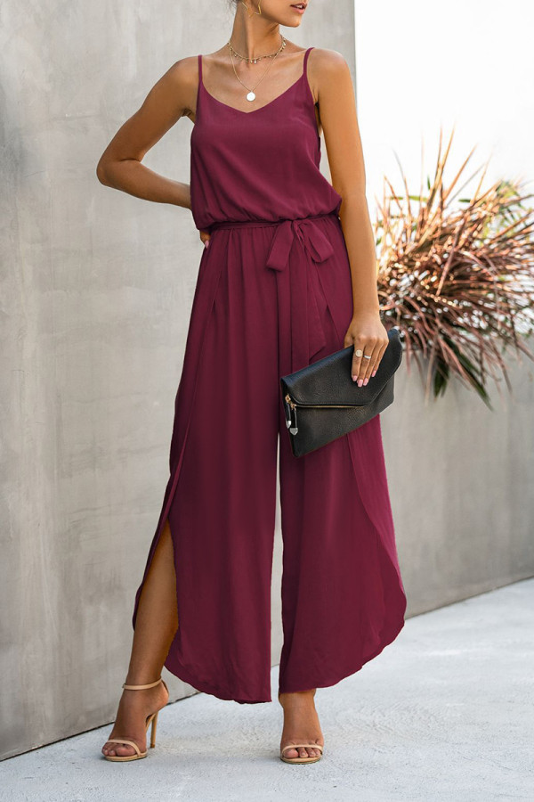 Burgundy Fashion Street Solid Frenulum Spaghetti Strap Loose Jumpsuits